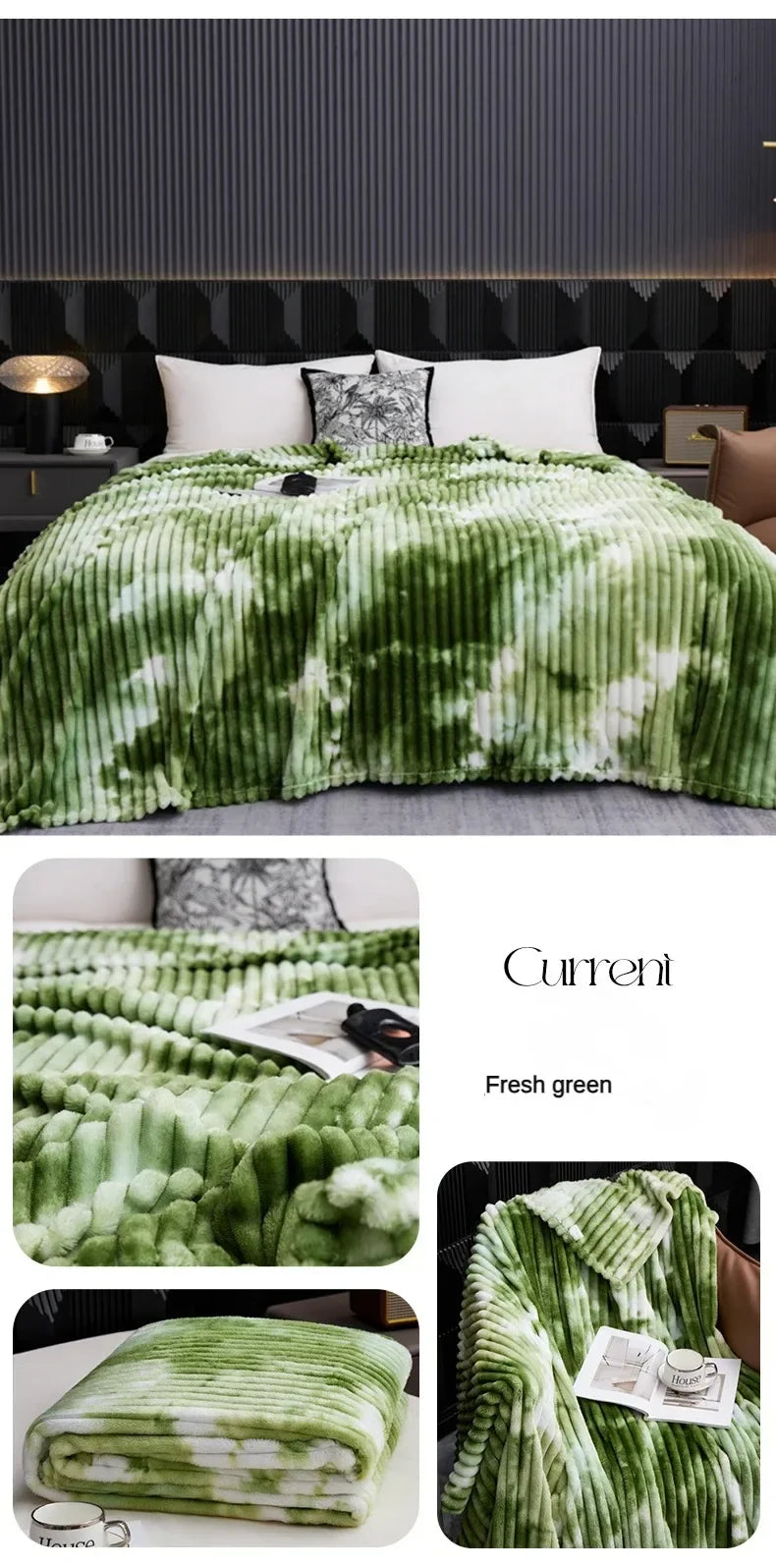A green tie-dye flannel fleece throw blanket draped over a bed, featuring a mottled green and white pattern.
