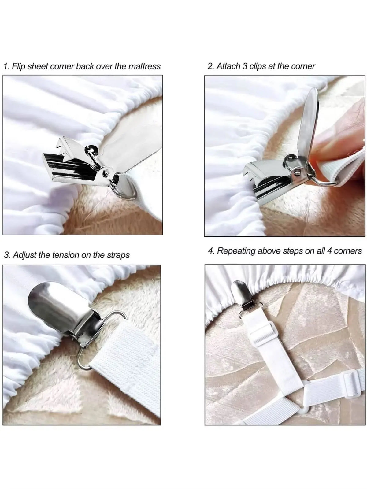 Instructions showing how to attach and adjust bed sheet holder clips on a mattress corner.