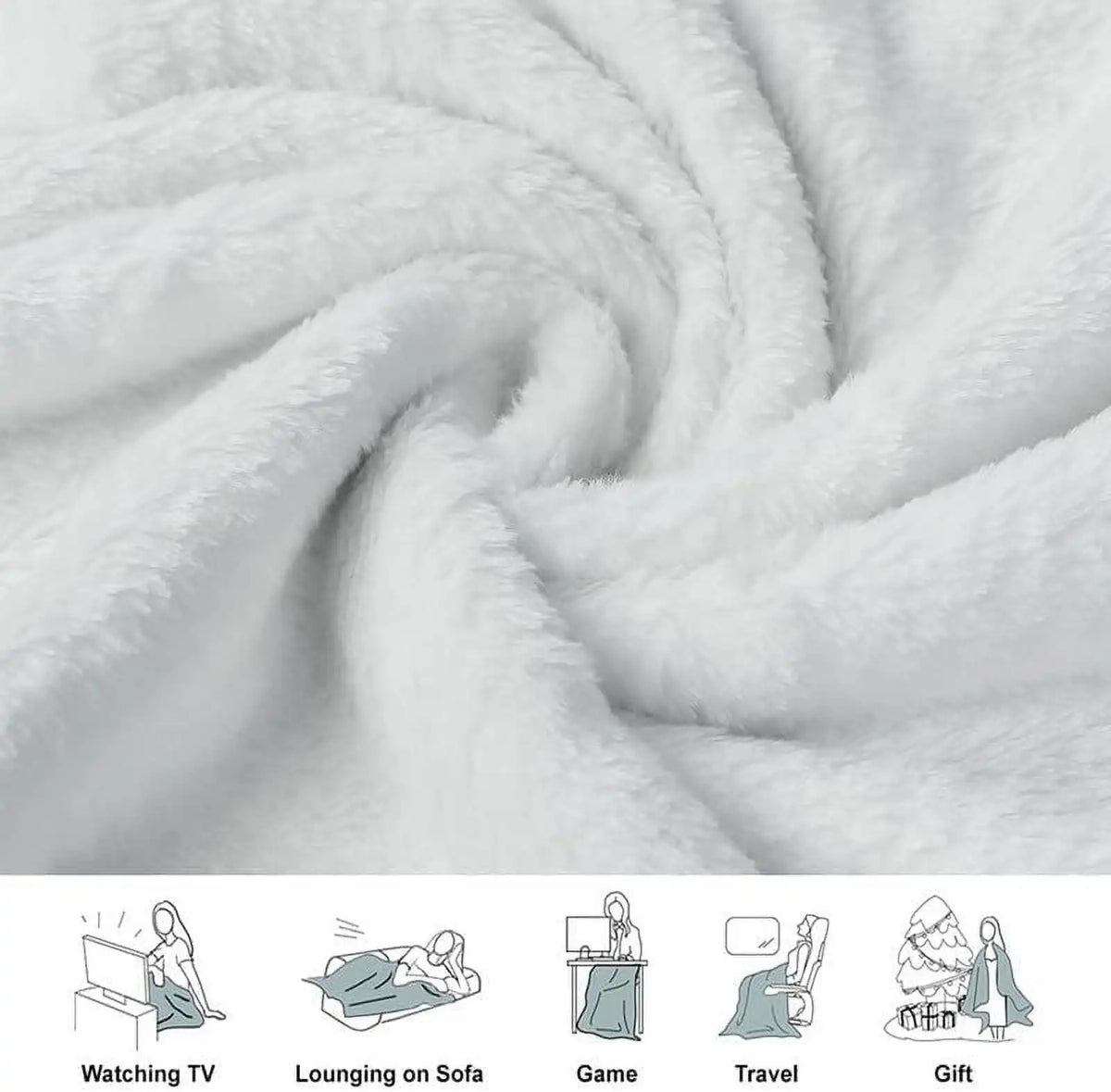 A soft white faux fur throw blanket is tightly rolled, showing its texture and fluffiness.