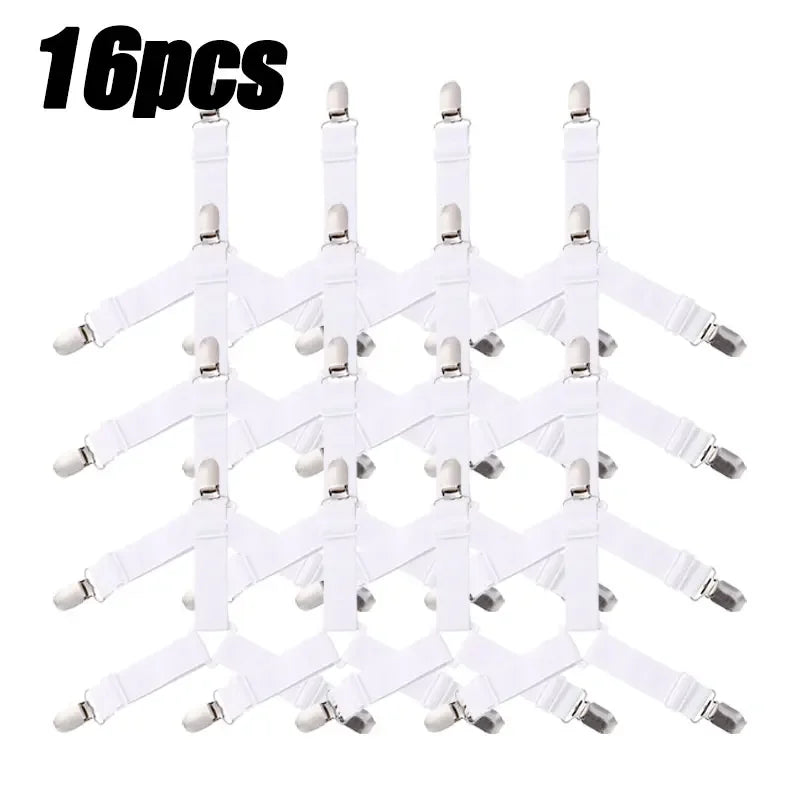 A set of sixteen adjustable bed sheet grippers with clips arranged in a grid pattern.