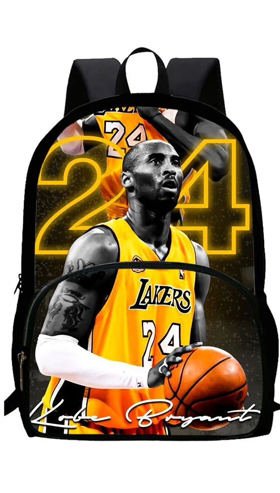 A black backpack featuring a graphic of a basketball player in a yellow Lakers jersey with the number 24.