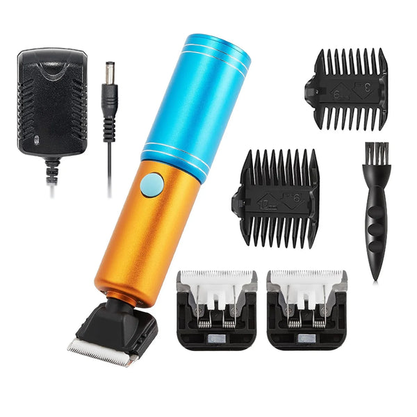 A set of orange and blue cordless carpet trimmers with various attachments for fabric and detail work.