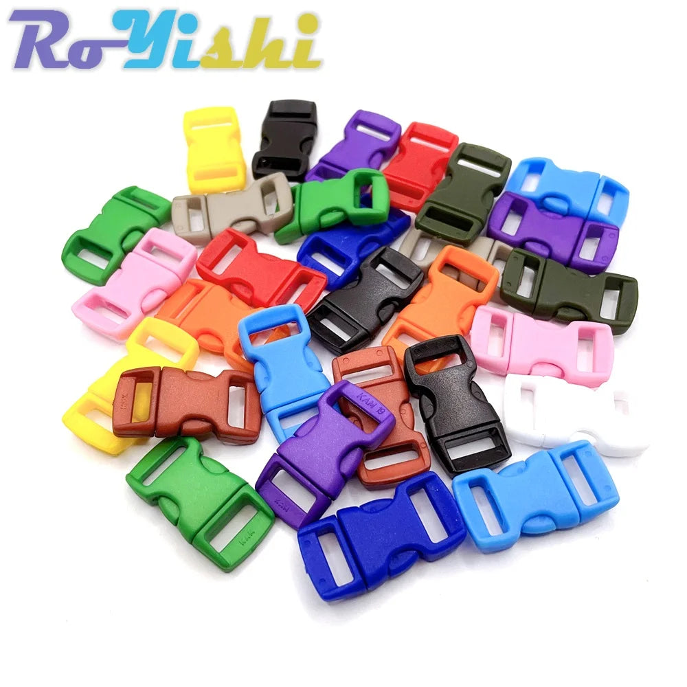 A collection of colorful adjustable plastic paracord buckle bracelets in various shades and styles.