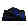 A set of two black geometric grid print pillowcases and one duvet cover with a blue glow effect.