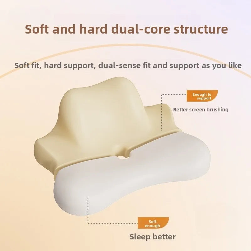 A beige ergonomic wedge pillow showing a soft and hard dual-core structure for neck support.