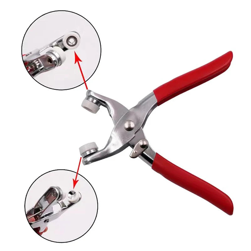 A pair of silver pliers with red handles and various snap-type fasteners shown with close-up views.