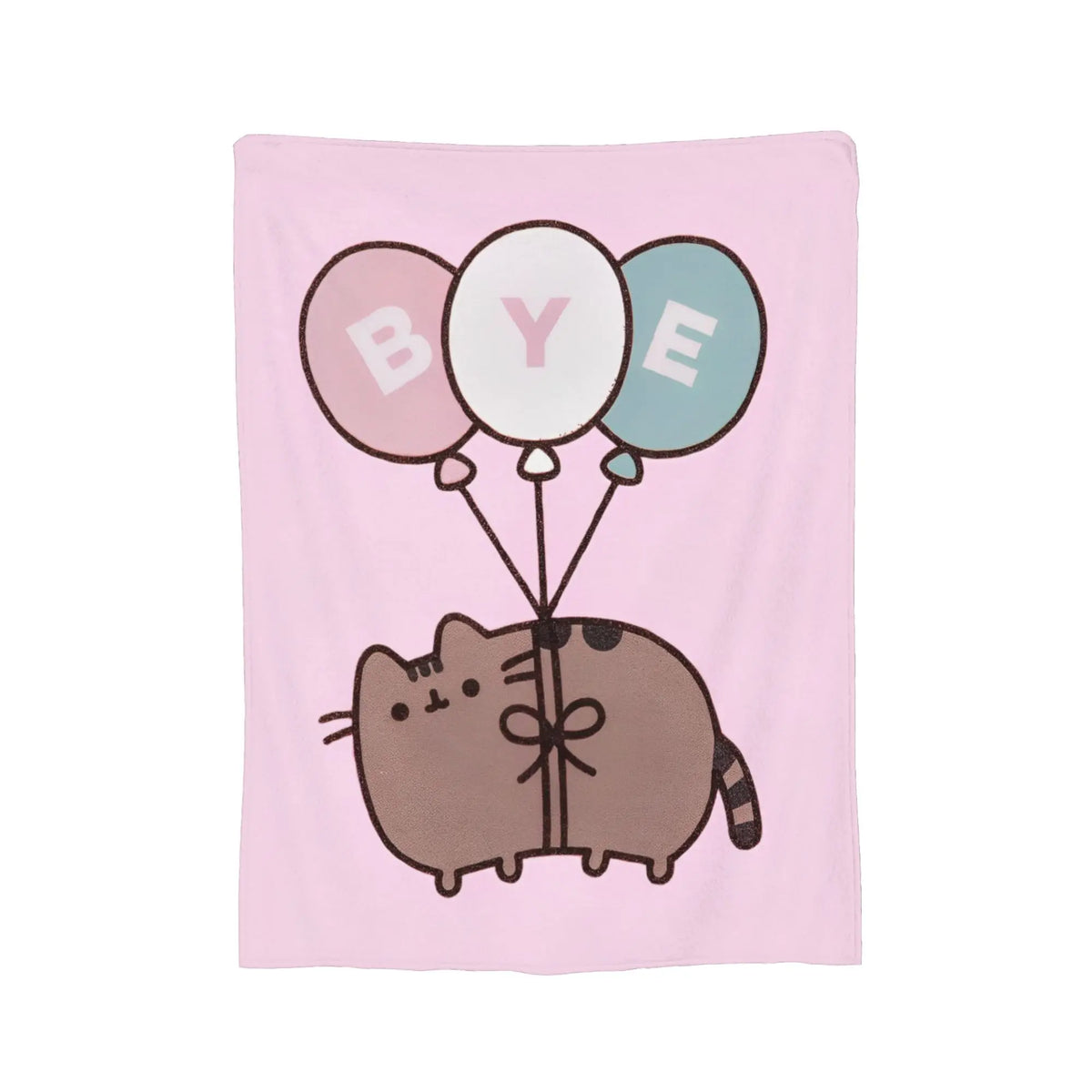 A pink throw blanket featuring a graphic of a cat and three balloons spelling out BYE