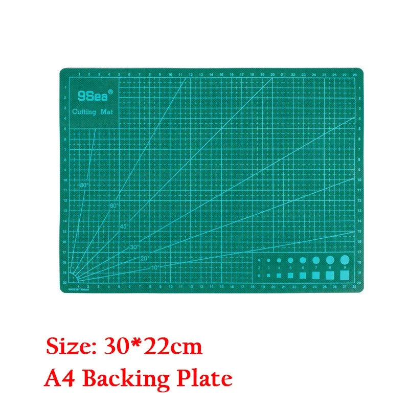 A green A4 backing plate for a precision rotary cutting kit with six blades.