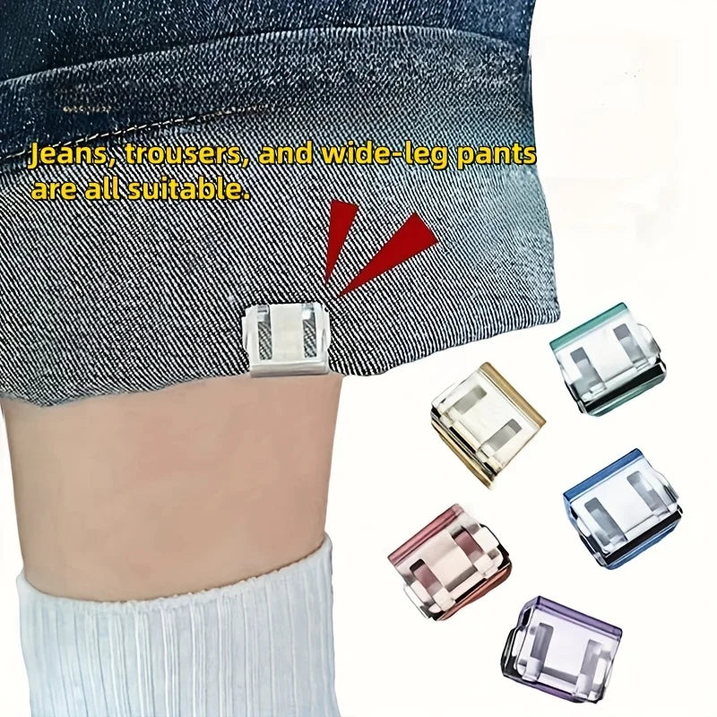 Various invisible pant hem clips are shown attached to denim jeans and other trousers.