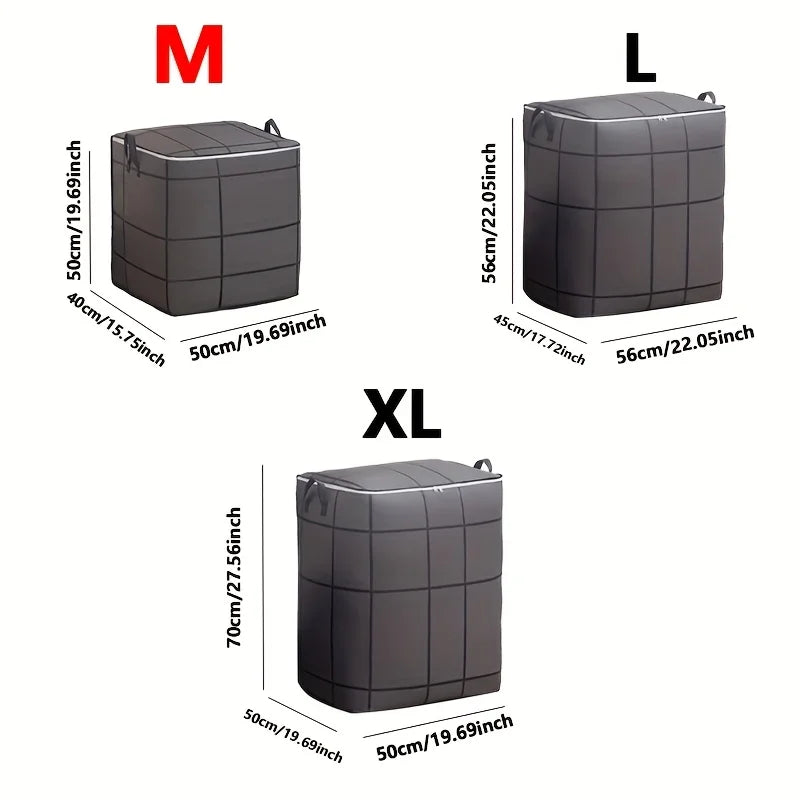 Three sizes of black fabric storage bags labeled M, L, and XL showing dimensions.