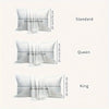 Three pillow covers in white, labeled Standard, Queen, and King sizes with dimension measurements.