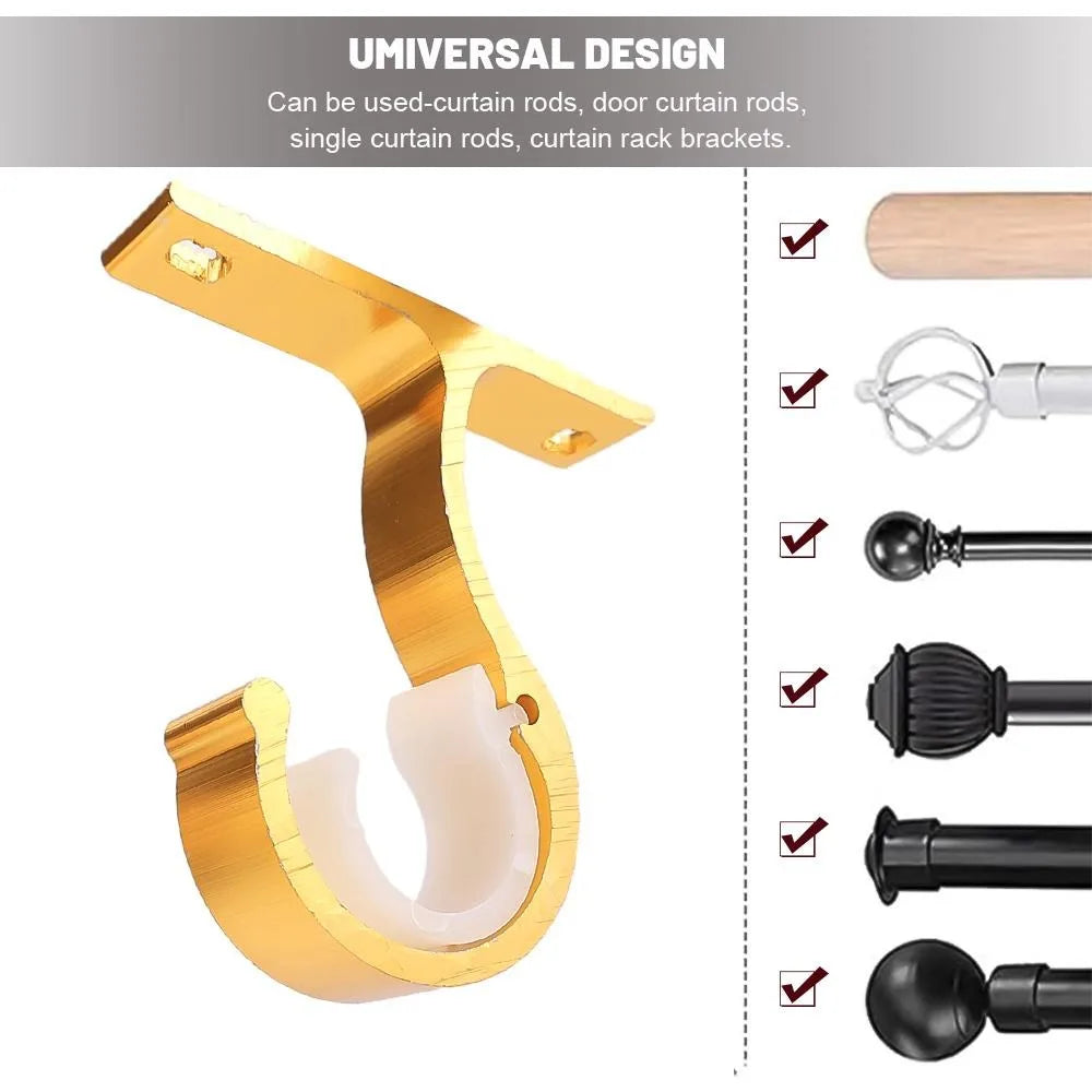 Gold-colored multi-style curtain rod brackets for wall mounting, shown in various styles.