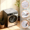 A stainless steel washing machine with a wood grain fridge cover mat and close-ups showing waterproof, easy to clean, and scr