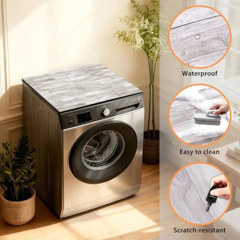 A stainless steel washing machine with a wood grain fridge cover mat and close-ups showing waterproof, easy to clean, and scr