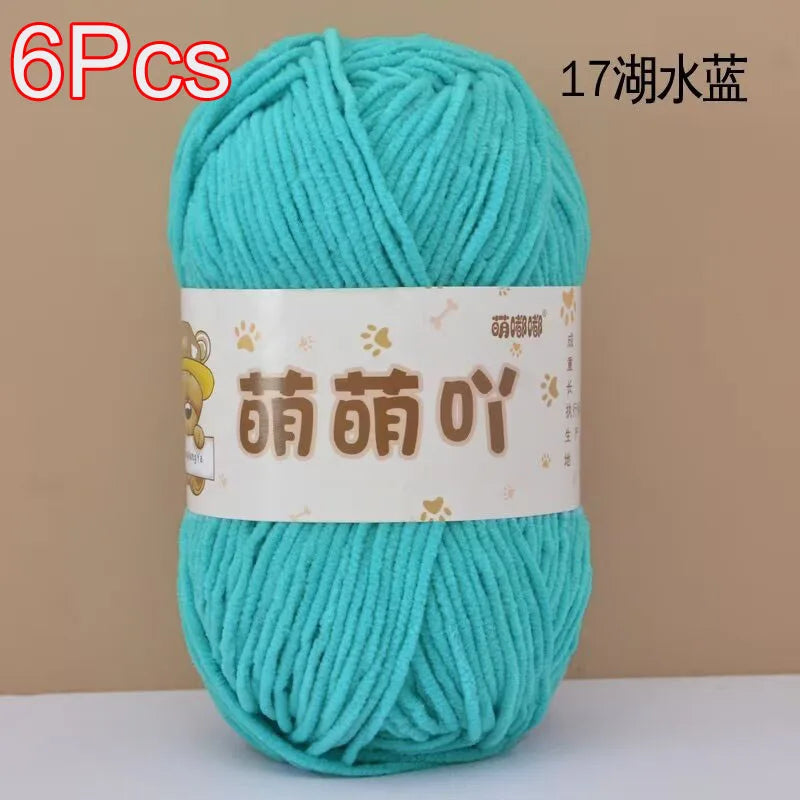 A skein of 6 pieces of turquoise chenille yarn labeled as 17-water-resistant yarn.
