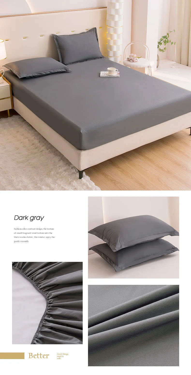 Dark gray waterproof fitted bed sheet set shown in various folds and on a bed.
