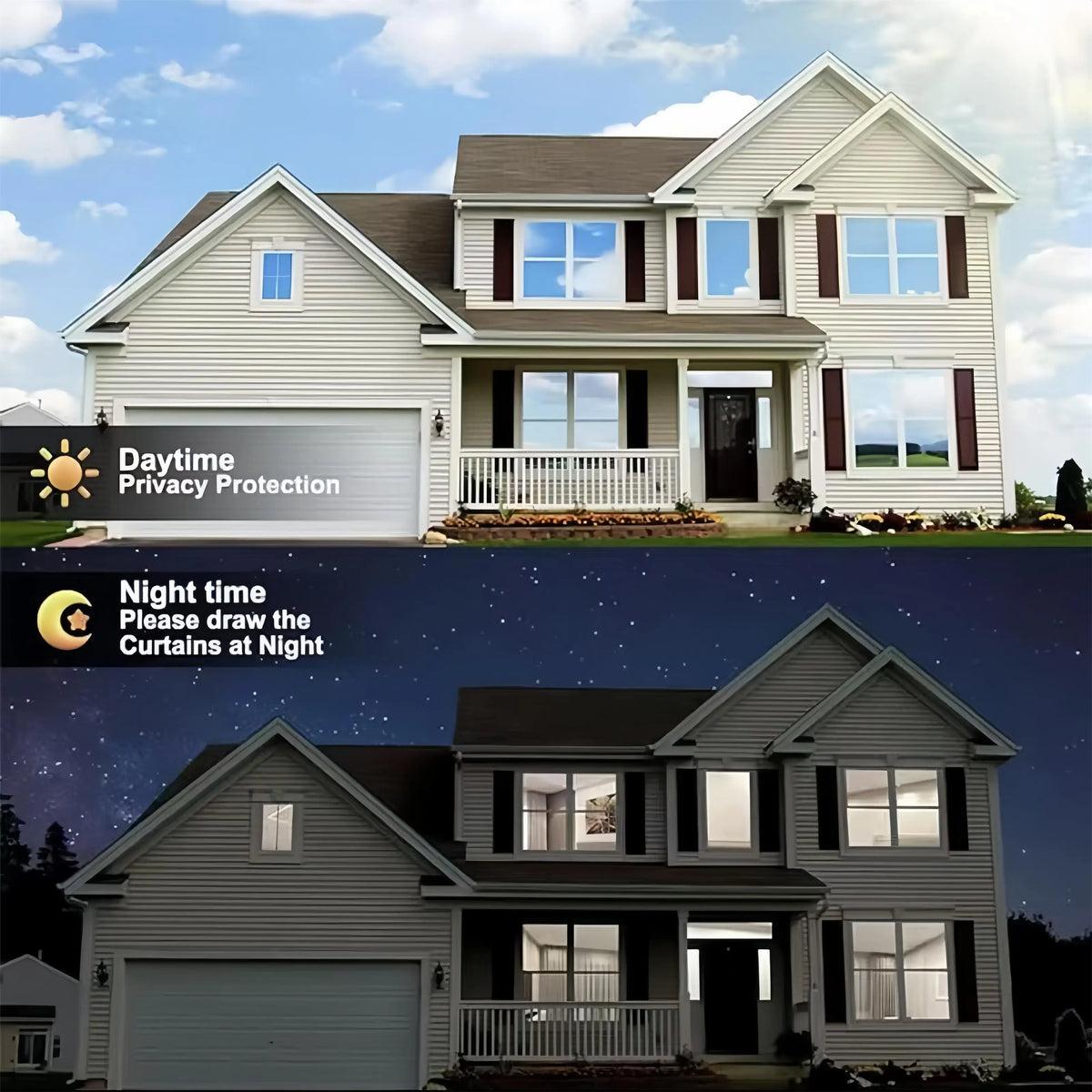 A split image showing a house with daytime privacy film and night curtains drawn, demonstrating window film for privacy and h