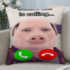 A decorative throw pillow cover featuring a cartoon pig face with a phone call graphic.