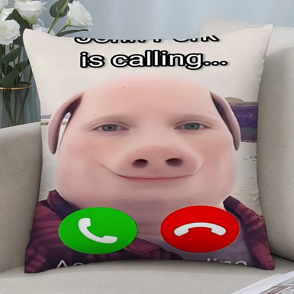 A decorative throw pillow cover featuring a cartoon pig face with a phone call graphic.