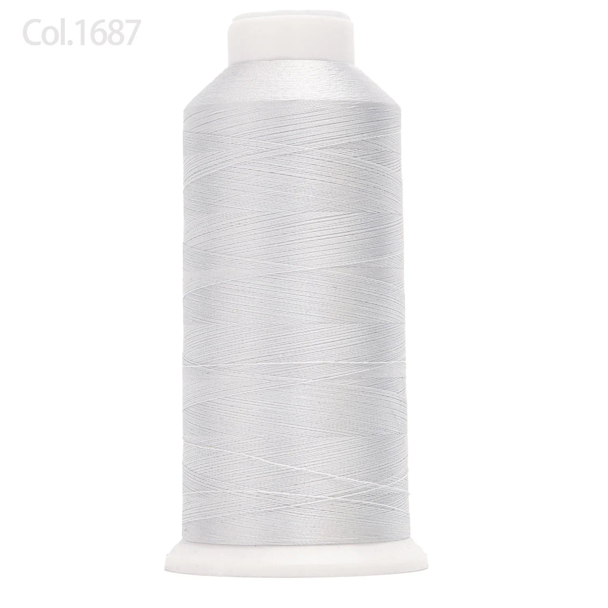 A spool of white high tenacity machine embroidery thread labeled Col.1687