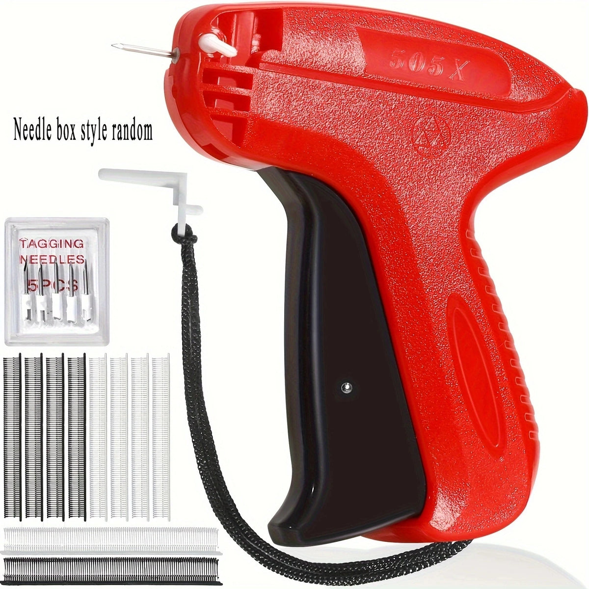 A red Stitch Gun clothing repair tool with a black handle and various needle boxes for sewing and repair.