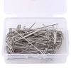 A clear plastic container holds a bundle of stainless steel T-pins for wig making or knitting.