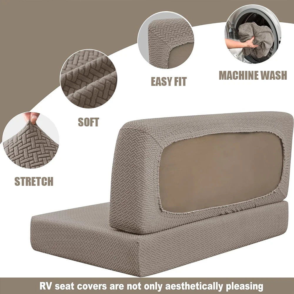 Gray stretch jacquard seat covers for vehicle upholstery showing texture and fit details