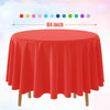 A round red plastic disposable table cover displayed on a wooden stand.