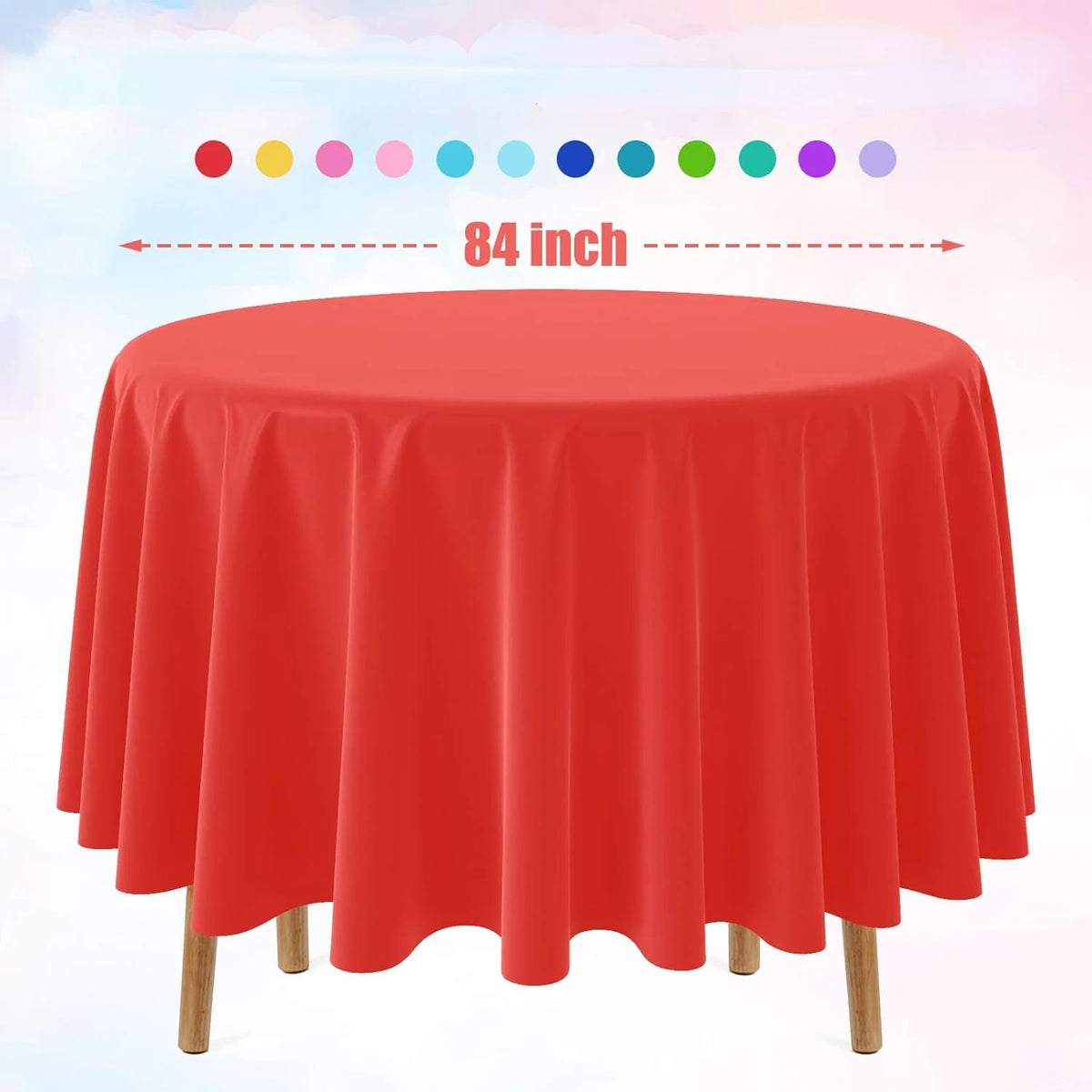 A round red plastic disposable table cover displayed on a wooden stand.