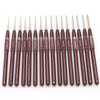 A set of sixteen ergonomic crochet hooks with soft-grip handles in various sizes and colors.