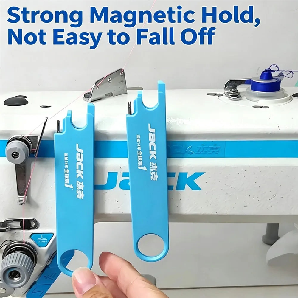 A close-up of a blue sewing machine needle threader with a strong magnetic hold and ruler, demonstrating its grip.