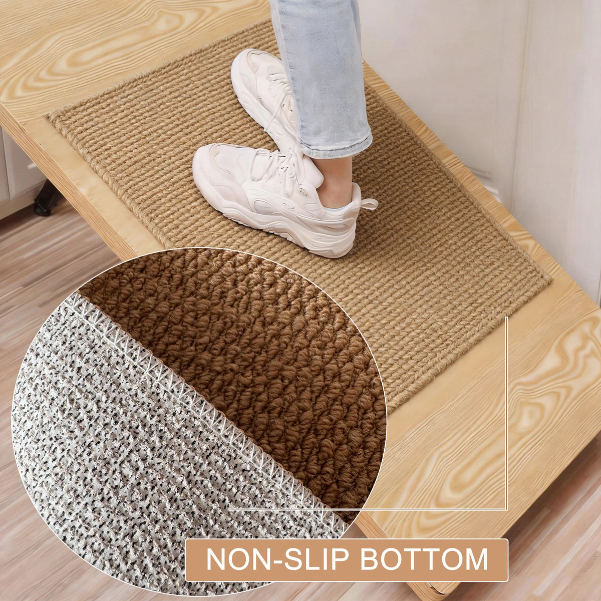 A woven kitchen runner mat with a non-slip bottom is placed on a light wooden table next to a pair of white sneakers.