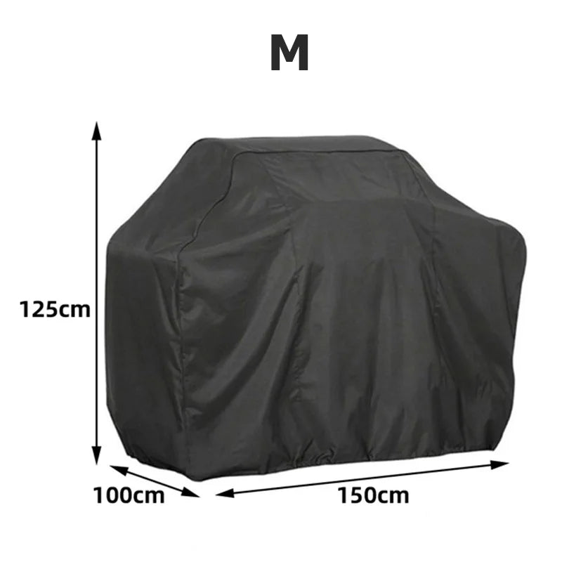 Black heavy-duty BBQ grill cover with dimensions 125cm high by 100cm wide and 150cm long.