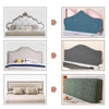 A collection of soft elastic headboard covers in various shades of blue, gray, and green.