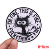 Black and white embroidered patch featuring an owl design with the text I'm fine this is fine everything's fine