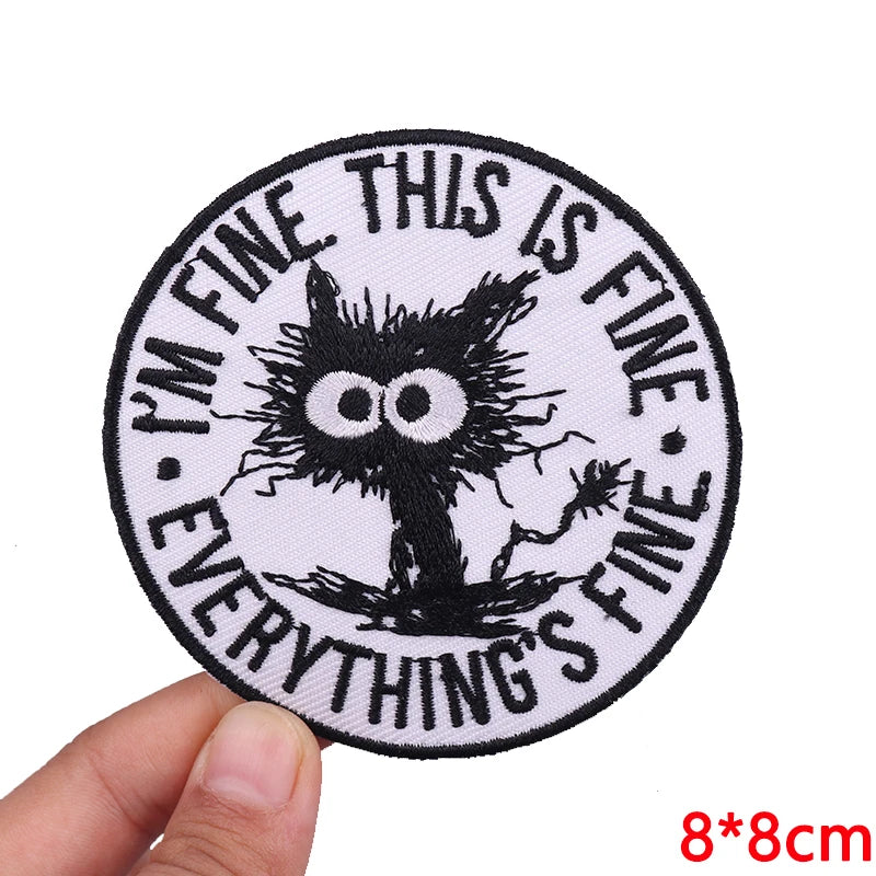 Black and white embroidered patch featuring an owl design with the text I'm fine this is fine everything's fine
