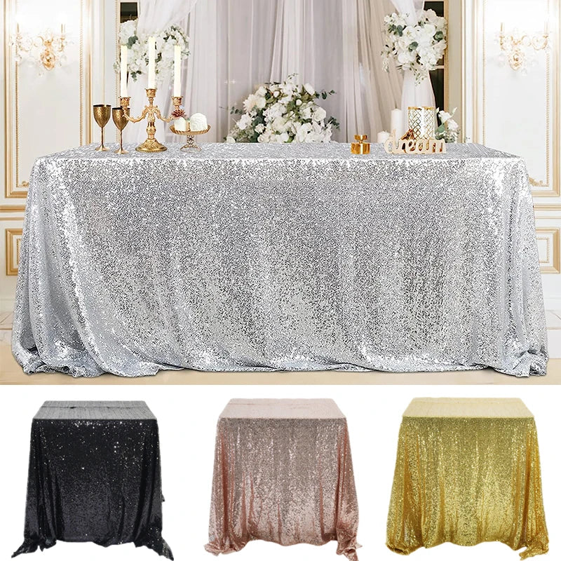 Three draped tablecloths in black, rose gold, and gold glitter sequins for events