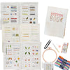 A collection of hand embroidery books and kits featuring various stitches, patterns, and lessons for adult learners.