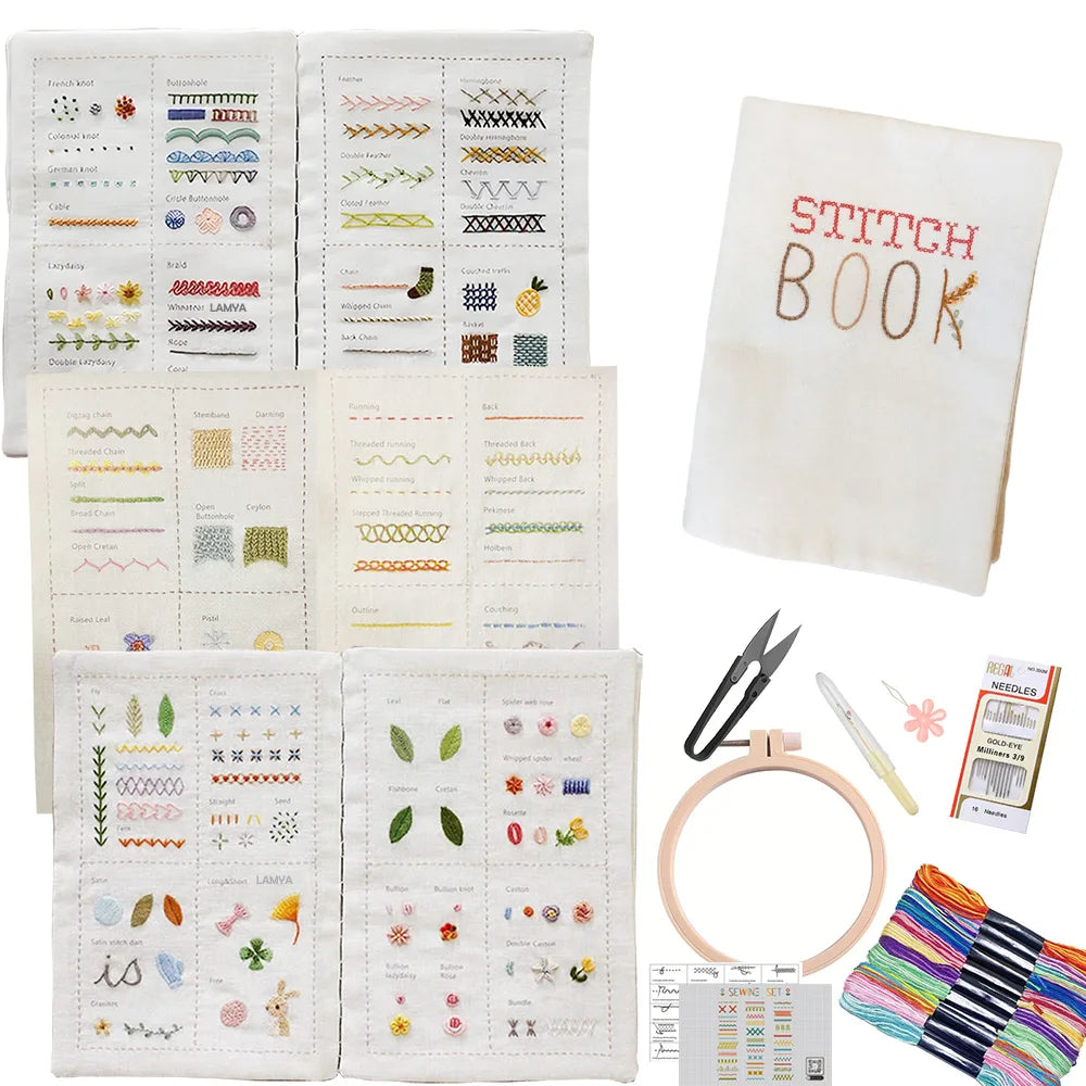 A collection of hand embroidery books and kits featuring various stitches, patterns, and lessons for adult learners.