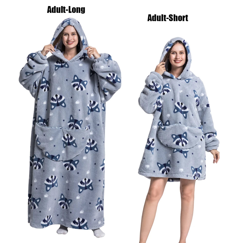 A woman models a gray plush fleece blanket hoodie for adults, shown in long and short versions.