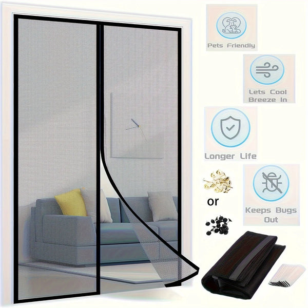 A magnetic screen door curtain shown in a sliding glass door frame, featuring a mesh fabric and various benefit icons.
