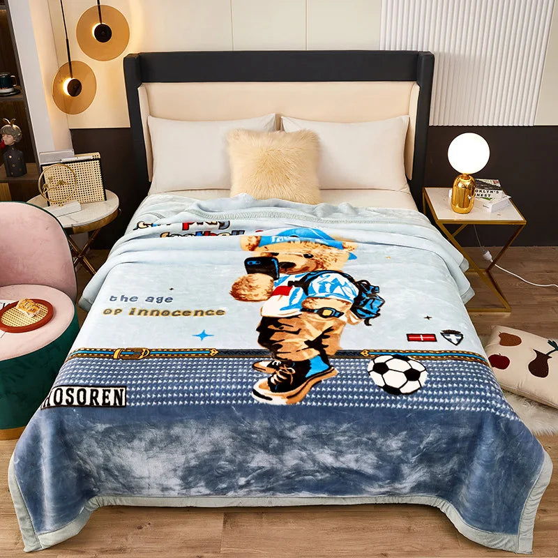 A plush mink fleece king size blanket with rose and peony floral patterns displayed on a bed.