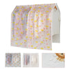 Transparent garment dust cover for hanging clothes showing pink and yellow floral patterns on a white shirt.