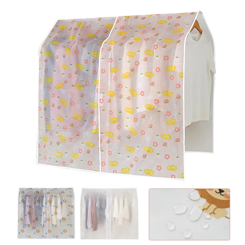 Transparent garment dust cover for hanging clothes showing pink and yellow floral patterns on a white shirt.