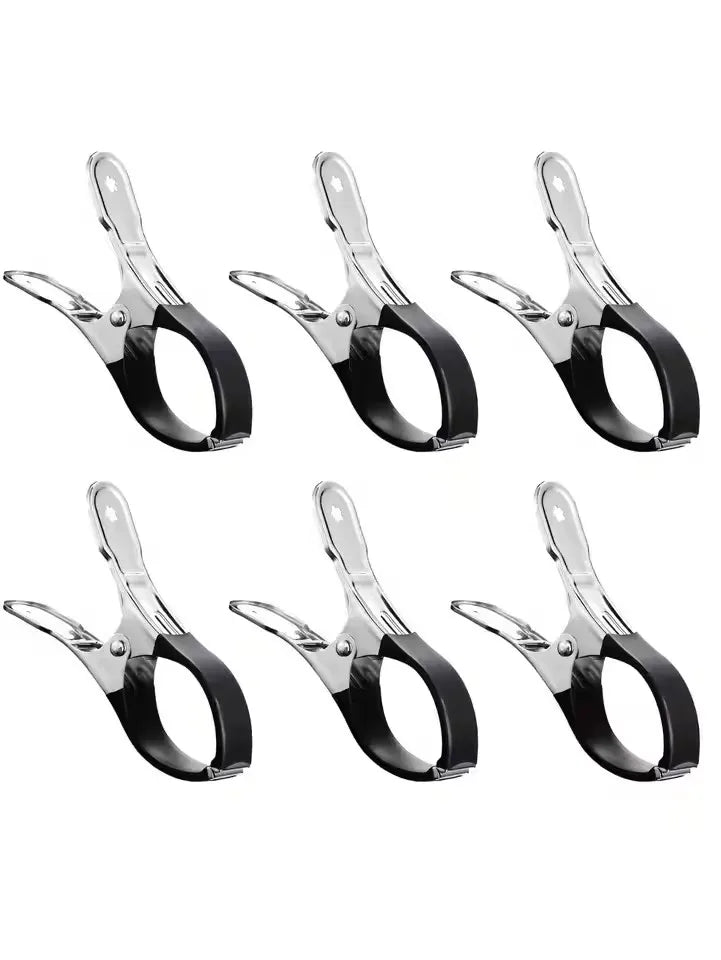 Six heavy-duty stainless steel pool cover clips in black and silver finish