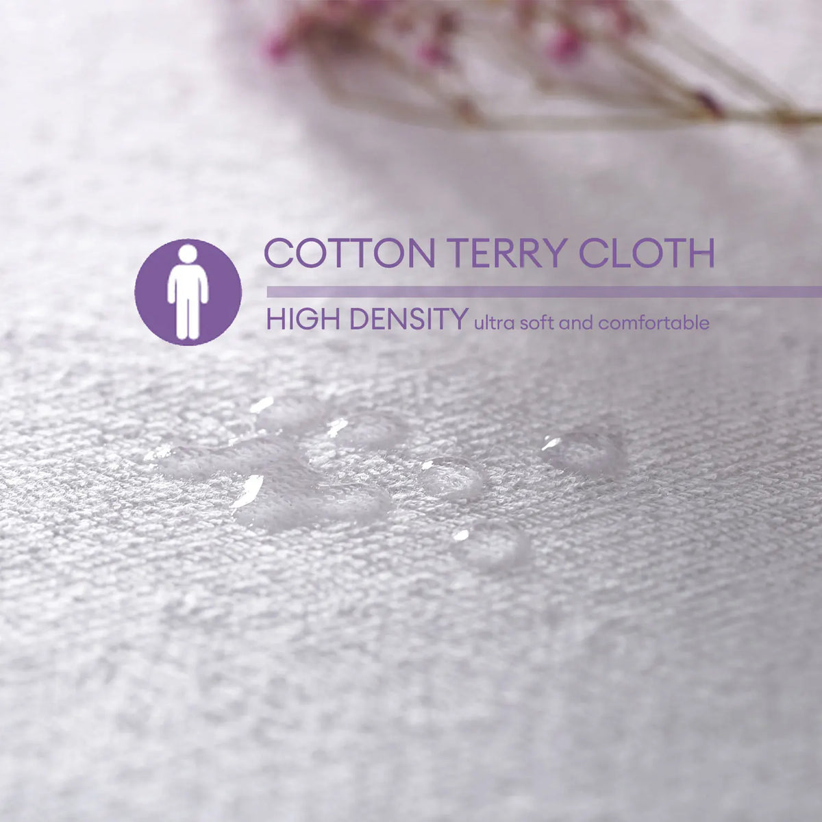 Close-up of a white cotton terry cloth fabric showing a high-density texture and small water droplets.