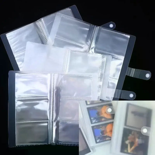 A clear plastic photo storage card album with multiple transparent sleeves and a dark gray cover.