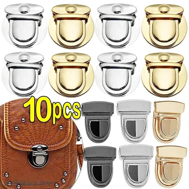 Ten gold metal twist locks for bags and cases shown in various styles.