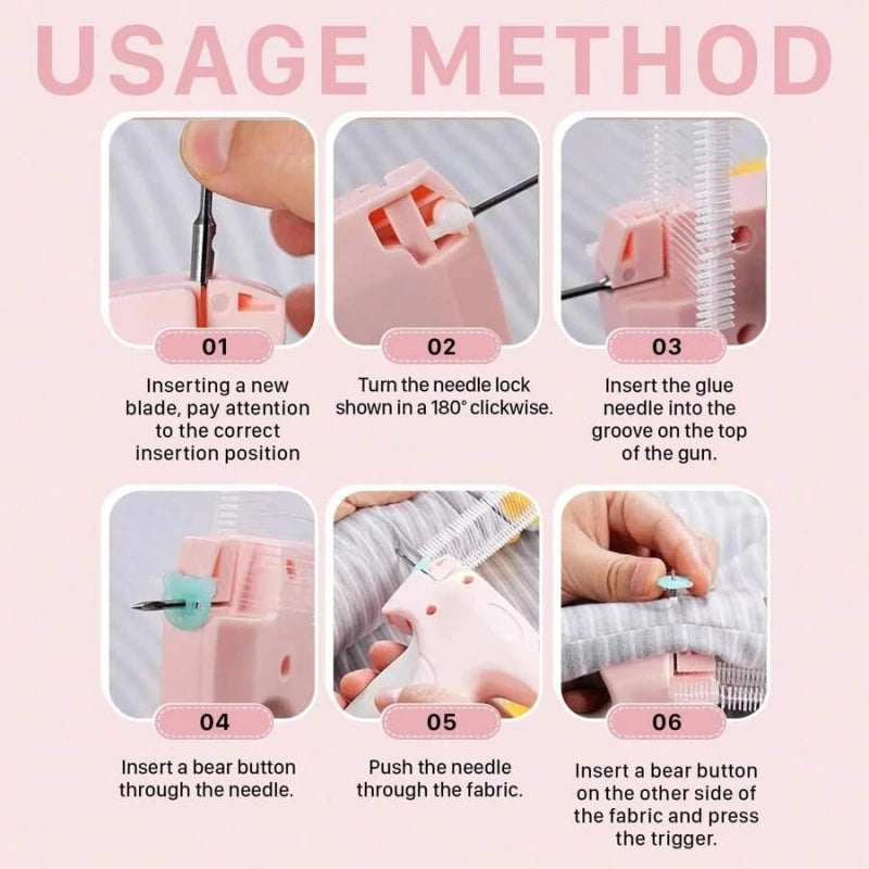 Step-by-step guide showing how to use a handheld micro stitching gun for sewing fabric.