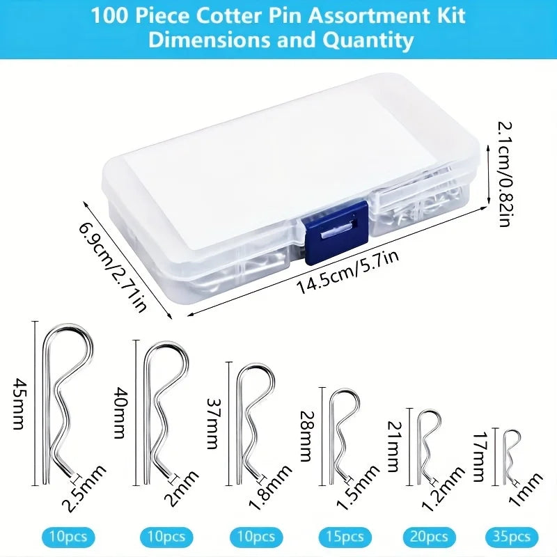 A clear plastic assortment kit of 100 piece cotter pins with R-clips shown next to various size labels.